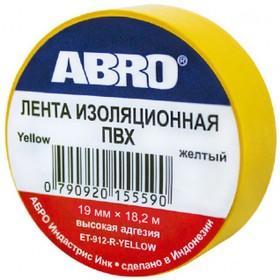 Фото 1/3 ET-912-20-YE-R, Изолента 19 мм х 18,2 м желтая Abro (продажа по 10 шт.)