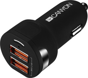 Сетевой адаптер CANYON Universal 2xUSB car adapter, Input 12V-24V, Output 5V-2.4A, with Smart IC, black rubber coating with silver electropl