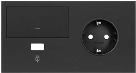 Simon 100 Черный матовый Кит 2 поста, фронт. Накладка на 1 розетку Schuko (справа) + 1 з/у USB SC + 1 клавиша выключателя
