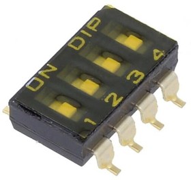 SBS 1004, Switch DIP OFF ON SPST 4 Recessed Slide 0.1A 24VDC Gull Wing 2000Cycles 2.54mm SMD Stick