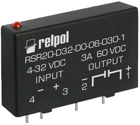 RSR20-D32-A0-24-030-0, Реле твердотельное, 1-полюс, PCB, номинальная нагрузка 3A/240VAC, вход 4...32 V DC