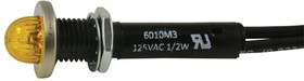 6010M3, Неоновый индикатор, с незаменяемыми лампами, 125 В AC, Проводные Выводы, Янтарный, 9.65 мм