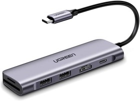 Хаб UGREEN CM195 USB-C to 2 Ports USB3.0-A Hub + HDMI + TF/SD with PD Power Supply. Цвет: серый космос