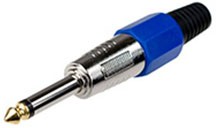 1-118G BL, штекер аудио 6.35мм моно металл цанга на кабель синий