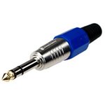1-119G BL, штекер аудио 6.35мм стерео металл цанга на кабель синий
