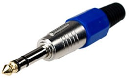 1-119G BL, штекер аудио 6.35мм стерео металл цанга на кабель синий