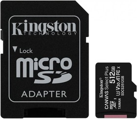 Фото 1/10 Карта памяти Kingston microSDHC 512GB microSDXC Class10 UHS-I Canvas Select up 100MB/s с адапт SDCS2/512GB