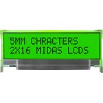 MC21605L6WK-SPTLY, Буквенно-цифровой ЖКД, 16 x 2, Черный на Желтом / Зеленом ...