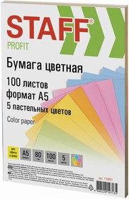 Фото 1/6 Бумага цветная STAFF "Profit" МАЛОГО ФОРМАТА (148х210 мм), А5, 80 г/м2, 100 л. (5цв. х 20 л.), цветная пастель, для офиса и дома, 110891