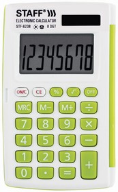 Фото 1/10 Калькулятор карманный STAFF STF-6238 (104х63 мм), 8 разядов, двойное питание, БЕЛЫЙ С ЗЕЛЁНЫМИ КНОПКАМИ, блистер, 250283