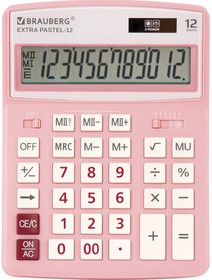 Фото 1/10 Калькулятор настольный BRAUBERG EXTRA PASTEL-12-PK (206x155 мм), 12 разрядов, двойное питание, РОЗОВЫЙ, 250487