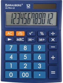 Фото 1/10 Калькулятор настольный BRAUBERG ULTRA-12-BU (192x143 мм), 12 разрядов, двойное питание, СИНИЙ, 250492