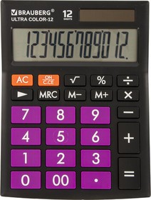 Фото 1/10 Калькулятор настольный BRAUBERG ULTRA COLOR-12-BKPR (192x143 мм), 12 разрядов, двойное питание, ЧЕРНО-ФИОЛЕТОВЫЙ, 250501