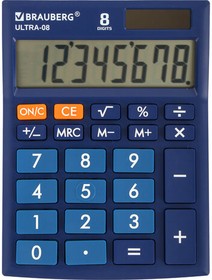 Фото 1/10 Калькулятор настольный BRAUBERG ULTRA-08-BU, КОМПАКТНЫЙ (154x115 мм), 8 разрядов, двойное питание, СИНИЙ, 250508