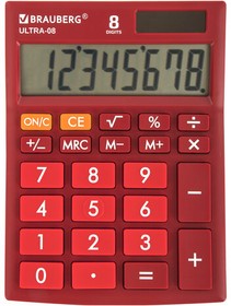 Фото 1/10 Калькулятор настольный BRAUBERG ULTRA-08-WR, КОМПАКТНЫЙ (154x115 мм), 8 разрядов, двойное питание, БОРДОВЫЙ, 250510