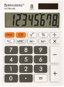 Фото 1/10 Калькулятор настольный BRAUBERG ULTRA-08-WT, КОМПАКТНЫЙ (154x115 мм), 8 разрядов, двойное питание, БЕЛЫЙ, 250512