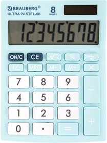 Фото 1/10 Калькулятор настольный BRAUBERG ULTRA PASTEL-08-LB, КОМПАКТНЫЙ (154x115 мм), 8 разрядов, двойное питание, ГОЛУБОЙ, 250513