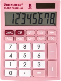 Фото 1/10 Калькулятор настольный BRAUBERG ULTRA PASTEL-08-PK, КОМПАКТНЫЙ (154x115 мм), 8 разрядов, двойное питание, РОЗОВЫЙ, 250514