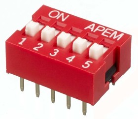 NDS-05-V, 5 Way Through Hole DIP Switch SPST, Raised Actuator
