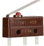 111SM1-H58, Switch Snap Action N.O./N.C. SPDT Leaf Lever 5A 250VAC 30VDC 1.95N Screw Mount Solder