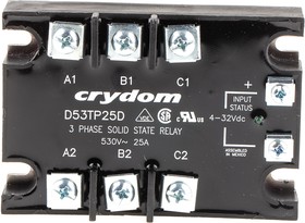 Фото 1/10 D53TP25D, Sensata Crydom Solid State Relay, 25 A rms Load, Panel Mount, 530 V rms Load, 32 V dc Control