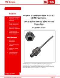 PT100 RTD Sensor, 6mm Dia, 100mm Long, 4 Wire, BSP 1/2, Class A +250°C ...