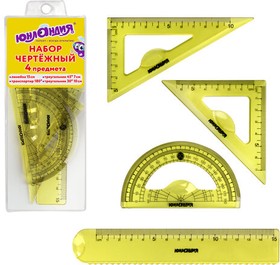 Фото 1/10 Набор чертежный малый ЮНЛАНДИЯ "START 3D" (линейка 15 см, 2 треугольника, транспортир), прозрачный, желтый, 210741