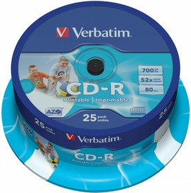Фото 1/6 Носители информации CD-R Printable, 52x, Verbatim Azo Wide, Cake/25, 43439