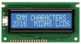 MC21605A6WD-BNMLW-V2, MC21605A6WD-BNMLW-V2 Alphanumeric LCD Display, Blue on Blue, 2 Rows by 16 Characters, Transmissive