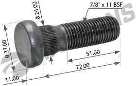 100587, Болт колесный 7/8 x 11 BSF x 72 10.9