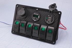 Фото 1/6 Панель с зелёной подсветкой:гнезда USB+прикуриватель+ индикатор напряжения+ 6-ть выключателей 12В/20А; Q-15956G Панель 183x120\12В\20А\\ILзе
