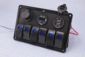Фото 1/6 Панель с синей подсветкой:гнезда USB+прикуриватель+ индикатор напряжения+ 6-ть выключателей 12В/20А; Q-15956B Панель 183x120\12В\20А\\ILсин\