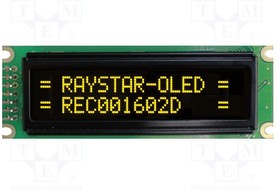 REC001602DYPP5N00100, Дисплей: OLED; алфавитно-цифровой; 16x2; Разм: 85x30x10мм; желтый
