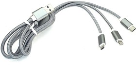 Кабель для зарядки USB (3-в-1) ( Apple Lightning 8Pin, USB Type-C, USB-Micro) ШНУРОК. 1m. Серый