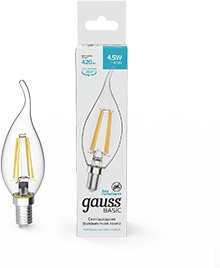 Фото 1/10 Gauss Лампа Basic Filament Свеча на ветру 4,5W 420lm 4100К Е14 LED