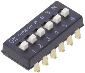 Фото 1/3 A6SN-6104, DIP Switches / SIP Switches 6P Knife-Edge, 2.3mm Slide SMT Raised-Ac