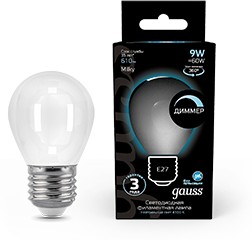 Фото 1/10 Gauss Лампа Filament Шар 9W 610lm 4100К Е27 milky диммируемая LED