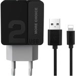 Сетевое зарядное устройство 2USB 2.4A для Lightning 8-pin 1м NC46i Black Grey