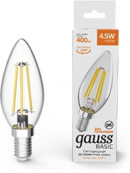 Фото 1/10 Gauss Лампа Basic Filament Свеча 4,5W 400lm 2700К Е14 LED