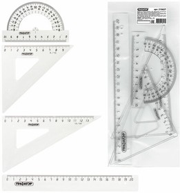 Фото 1/10 Набор чертежный средний ПИФАГОР (линейка 20 см, 2 треугольника, транспортир), прозрачный, бесцветный, пакет, 210627