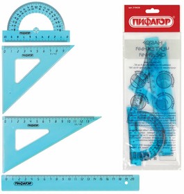 Фото 1/10 Набор чертежный средний ПИФАГОР (линейка 20 см, 2 треугольника, транспортир), тонированный, европодвес, 210628
