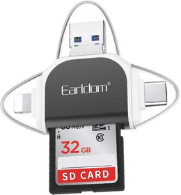 Фото 1/3 Картридер Earldom ET-OT71 6 в 1 Type-C, Lightning 8-pin, USB на SD, MicroSD OTG (черный)