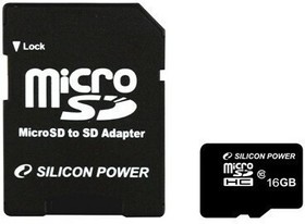 Фото 1/4 Карта памяти 16Gb MicroSD Silicon Power + SD адаптер (SP016GBSTH010V10SP)