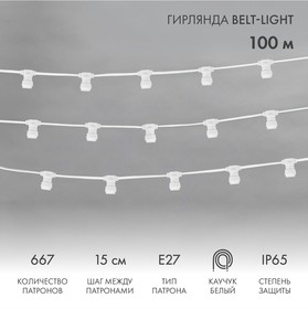 Фото 1/10 331-251, Гирлянда Belt-Light 2 жилы, 100м, шаг 15см, 667 патронов E27, IP65, белый провод