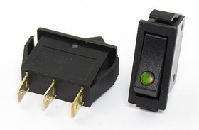 Фото 1/3 Переключатель клавишный, контакты 3T, 16А, ON-OFF, подсветка ILзеленая светодиодная , IRS101E-1C