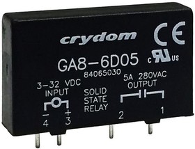 GA8-6D05R, Solid-State Relay - Control Voltage 3-28 VDC - Max Input Current 16 mA - Output 24-280 VAC - Max Load Current 5 A ...