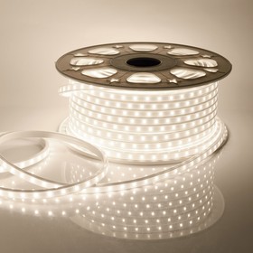 Photo 1/10 10-57 LED strip, 220V, 6W/m, SMD2835, 60D/m, IP65, 600Lm/m, white PVC cord with transparent diffuser 11x7mm, 15m, 3000K, warm b