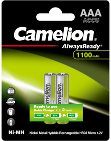 Фото 1/2 Батарейки Camelion AAA-1100mAh Ni-Mh BL-2 (NH-AAA1100BP2, аккумулятор,1.2В) (2 шт. в уп-ке)