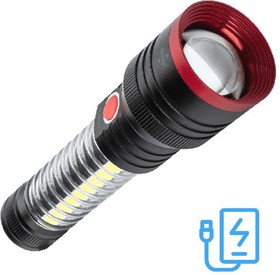 Фонарь аккумуляторный ручной 10Вт LED+5Вт COB LED+красн. zoom-линза Li-ion 18650 2200мА.ч Power-bank корпус анодированный алюм. USB-шнур typ