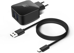 Фото 1/2 Сетевое зарядное устройство BORASCO 2xUSB, microUSB, 2.1A, черный [20649]